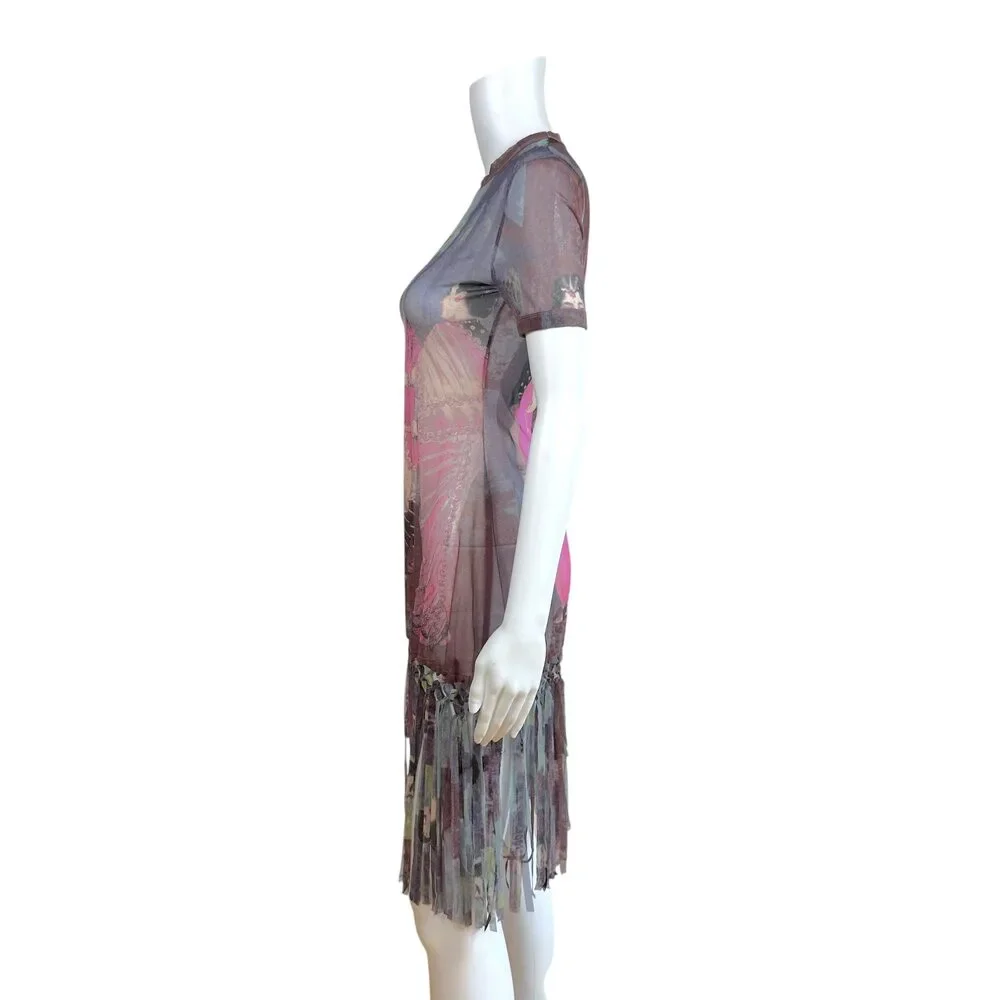 Jean Paul Gaultier Purple Multicolor People Print Fringe Trim Mesh Mini Dress - Picture 3 of 5